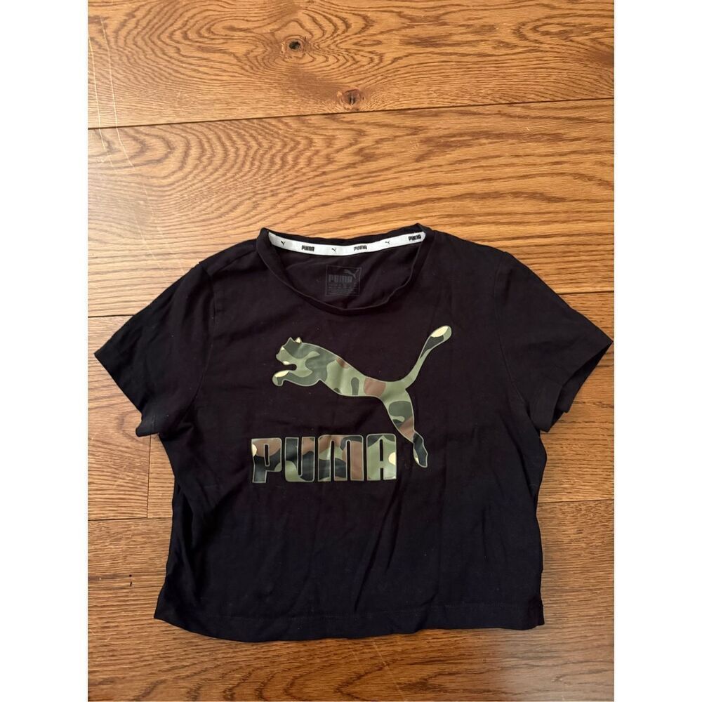Puma Black Camo Logo Cropped T-Shirt – Size S